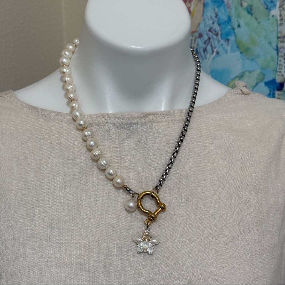 COREchaos carabiner necklace with Swarovski crystals, freshwater pearls 18-20”